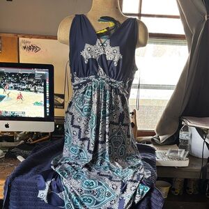 Elegant Asymmetrical Dress in Navy and Teal